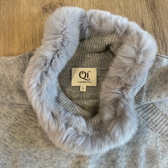 QI Cashmere Sweater Real Rabbit Fur Trim Cowl Neck Light Gray Women's Large - Picture 7 of 8